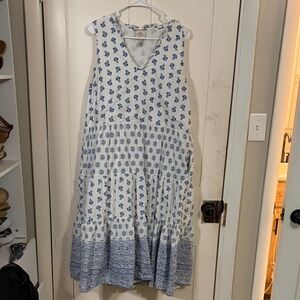 Blue and White Sleeveless Floral Dress